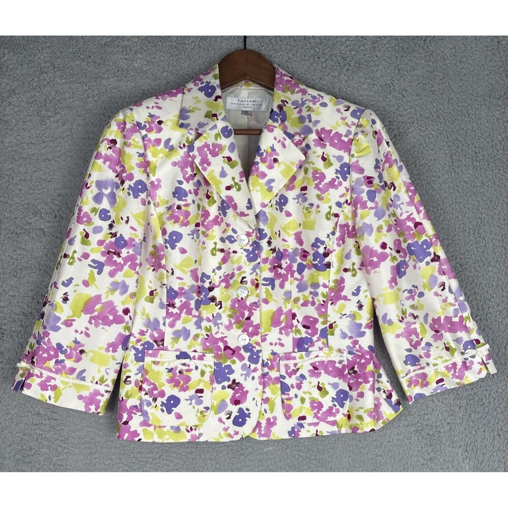 TAHARI ASL 100% Silk Blazer Sz 8P Floral Lightweight Pockets 3/4 Sleeve Lined